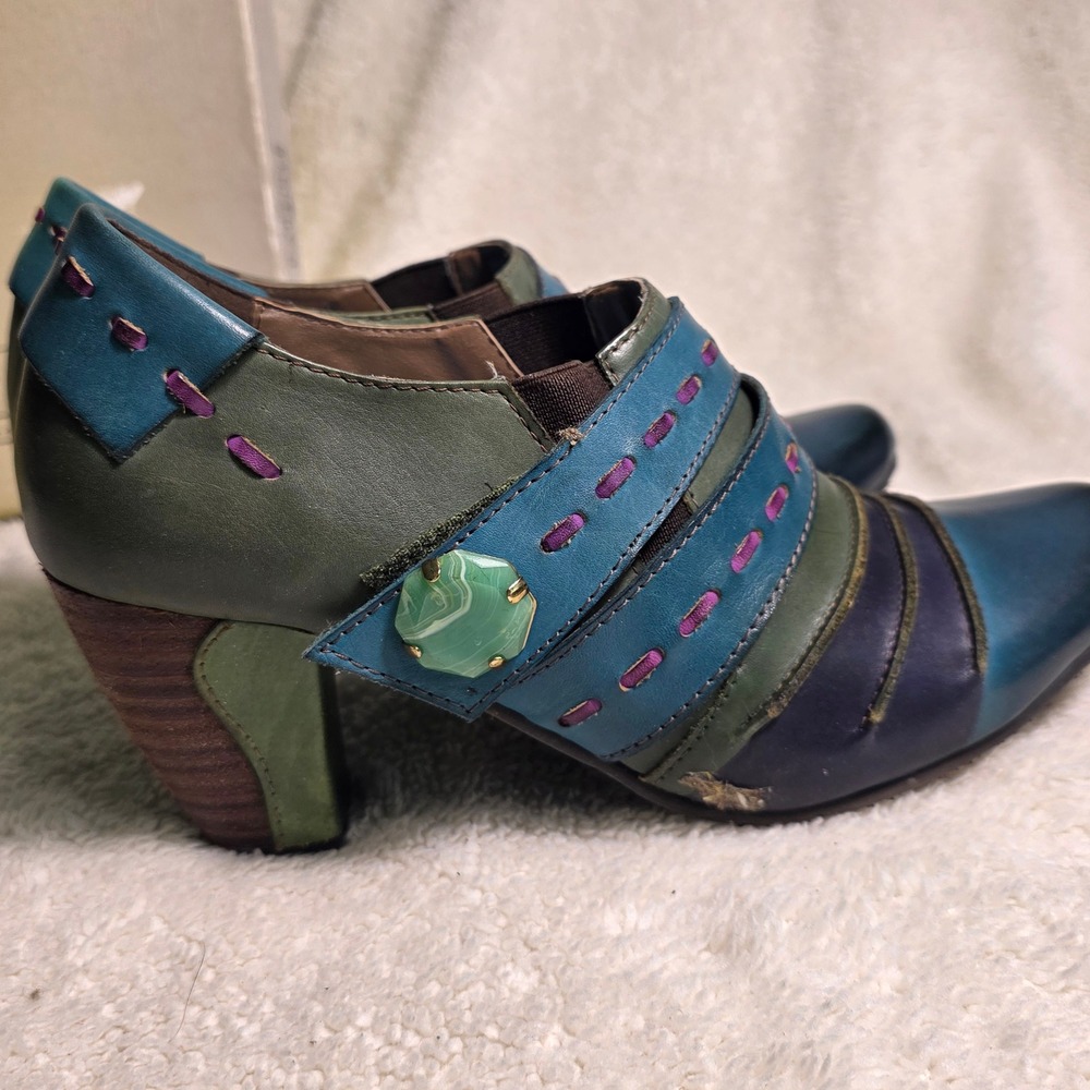 L'Artiste Wondrous Turquoise Green Blue Leather Booties Heels Womens 38 7 NEW - Picture 4 of 10